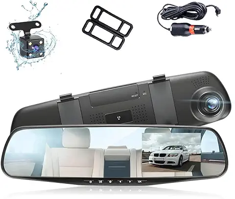 AMNF Cámara de Salpicadero de Coche, Cámara DVR Full HD 1080P, Espejo Retrovisor Automático de 4.3 Pulgadas, Grabadora de Video Digital de Conducción de Coche, Videocámara de Registro de Doble Lente  