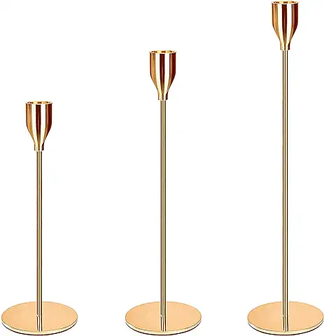 Amzeeniu Candelabro Dorado Juego de 3 Candelabro Decorativos de Velas,23/28/33 cm para de 2.2 cm de Velas Cónicas Sola Cabeza Portavelas Candelabro de Boda,Jardin Candelabros Retro Decoración de Mesa  