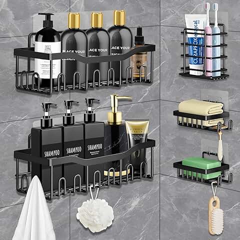 AMZJMT Estanteria Baño, Estanteria Baño sin Taladro, Paquete de 5 Estantes de Ducha de Acero Inoxidable con Ganchos y Soporte para Pasta de Dientes, para Baño, Dormitorio y Cocina, Negro  