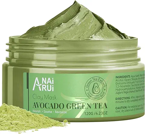 ANAiRUi Mascarilla de Barro con Avocado y té Verde, Marcarilla Facial Hidratante Detoxante, Desobstruye los Poros, Elimina los Punto Negros, Tratamiento del Acné , 120g  