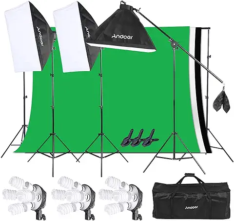 Andoer Iluminación Fotográfica Softbox Kit,Sistema de Montaje de Estudio Fotográfico con 2 * 3 Metros Sistema de Soporte de Fondo 45W 5500k Softbox Iluminación Continua para Fotografía  