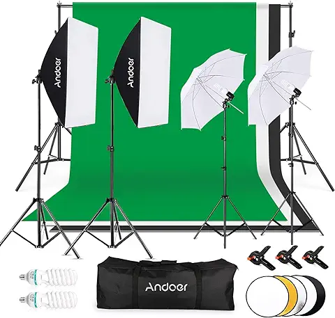 Andoer Kit de Fotografía, 2 Softbox 50x70cm, 2 Bombillas de 135W y 2 de 45W, 3 Fondo de Blanco, Negro, Verde, Sistema de Soporte de 2x3m para Retratos y Videos  