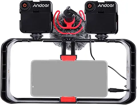 Andoer Kit de Montaje de Vídeo Rig para Smartphone, 1 Jaula para Smartphone con 3 Soportes de Zapatos Fríos, 2 Mini Luces de Vídeo LED + 1 Miocrófono con Cortavientos de Montaje a Prueba de Golpes  