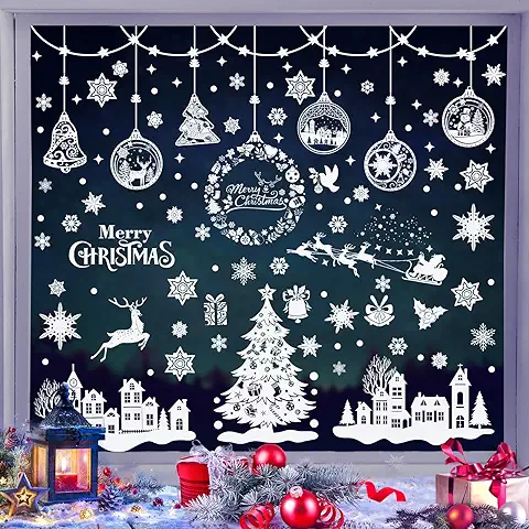 AnJeey Pegatinas Navideñas para Ventanas, 9 Hojas de Adornos Navideños de 20 * 30 cm, 243 Piezas de Adornos para Ventanas de PVC Extraíbles, árbol de Navidad, Copos de Nieve, Renos, Casa, Cascabeles  