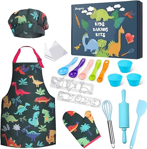 Anpro 27 PCS Kit de Cocina y Horneado para Niños, Juego de Roles para Niños,Chef Set Accesorios de Juego,Regalos para Cumpleaños y Navidad (Verde Oscuro, 3-7 Años)  