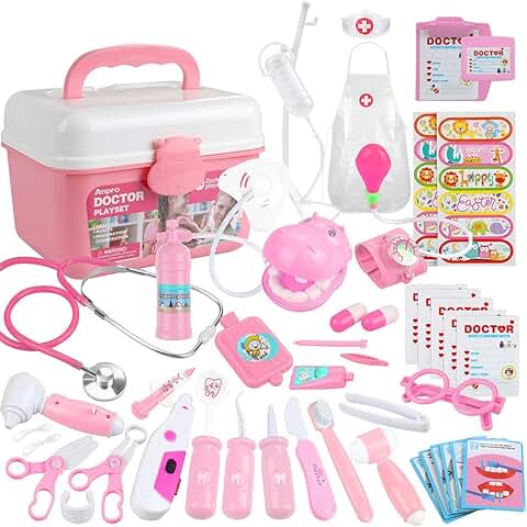 Anpro 46pcs Kit Maletin de Doctor y Enfermera,Juegos de Niños,Kit de Dentista con Estetoscopio y Abrigo,Regalo para Niños en Fiestas,Cumpleaños,Navidad, Juego de Roles del Doctor  