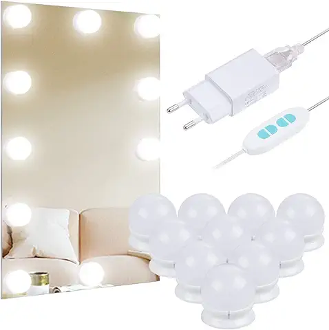 Anpro Luces LED Kit con 10 Bombillas Regulables,3 Modos Ajustable de Color,Luz Espejo Maquillaje,Tocador, Baño,Regalo para Fiesta,Cumpleaños,Aficionados de Maquillarse  