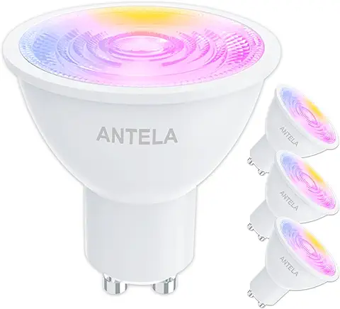 ANTELA Bombilla GU10 Inteligente Wifi Compatible con Alexa y Google Home, Luz Fría/Cálida 2700K-6500K, Bombilla RGB 16 Millones de Colores, 4,5W, 326LM, CRI 80, 15000hrs,4 PCS  