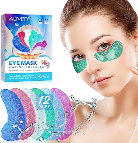 Antifaz para Ojos, 12 Pack de gel para ojos con Colágeno Marino Natural y ácido Hialurónico, Antifaz para ojos Hinchados y Ojeras y Bolsas, Antienvejecimiento, Reducción de Arrugas  