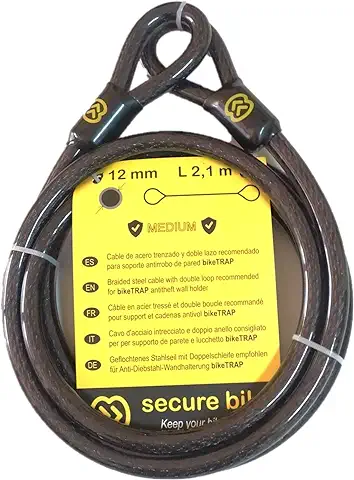 Antirrobo Bicicleta: Cable 2,1m x 12mm de Acero de Doble lazo de alta Seguridad para Soporte Candado de Pared y Antirrobo BikeTRAP  