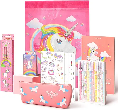 Anyfirst 37 Pz Unicornio Papeleria Regalo de Cumpleaños, Regalos de Unicornio Incluir Estuche Escolar y Cuadernos y Adhesivas, Estuche Unicornio para Niña 6 7 8 9 10 Años (Rosado)  