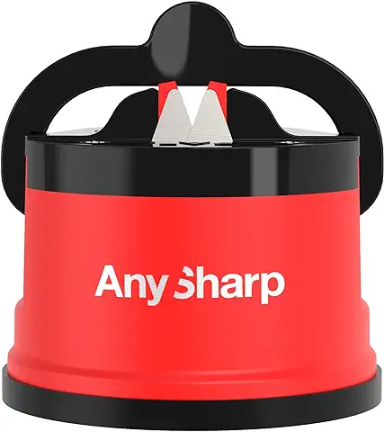 AnySharp Afilador de Cuchillos, Seguridad sin Manos, Ventosa, Afila con Seguridad Todos los Cuchillos de Cocina, Ideal para Acero Endurecido y Dentados, El Mejor del Mundo, Compacto, Rojo  