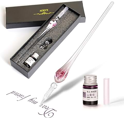 Aokuy Pluma de Cristal, Glass Dip Pen Set-Pluma,Firma de Vidrio a mano con Portalápice Pluma para Manualidades, Escritura, Firmas, Decoración y Regalo de Negocios  