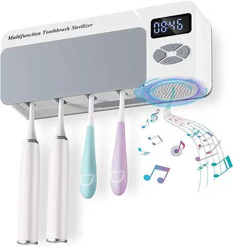 AONCO Porta Cepillo de Dientes, UV Esterilizador Soporte Cepillo Dientes con Reloj de Baño, Altavoz Bluetooth, Carga USB 4000 mAh Portacepillos de Dientes Eléctricos Montado en la Pared  