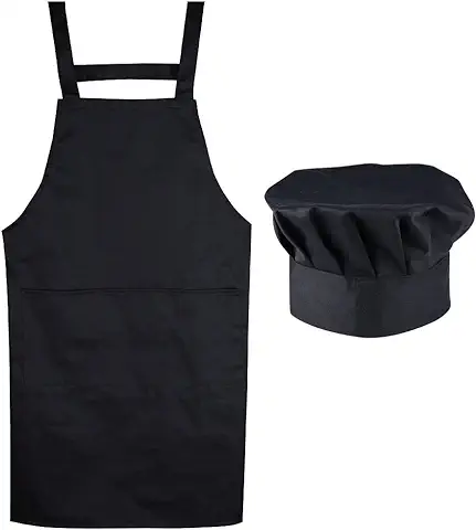 AONER (Kit de 2) Unisex Delantal+Gorro Cocinero Delantal Mandil Original de Peto de Chef de Cocina para Hombre Mujer Negro Talla Única  