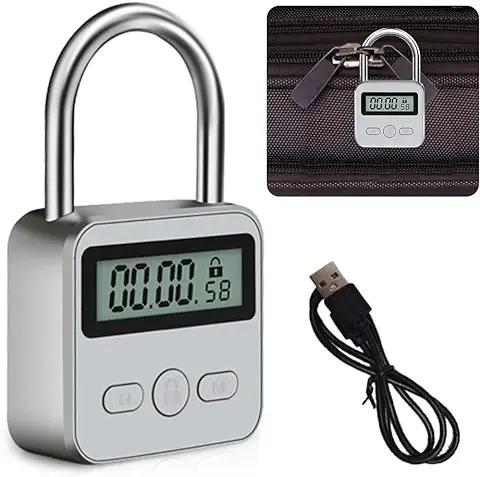 Aoreun Smart Time Lock, Bloqueo de Tiempo Inteligente con Pantalla LCD, 99 Horas de Bloqueo de Tiempo Máximo, Recargable USB Candado con Combinacion, Bloqueo de Temporizador Electrónico de Metal  