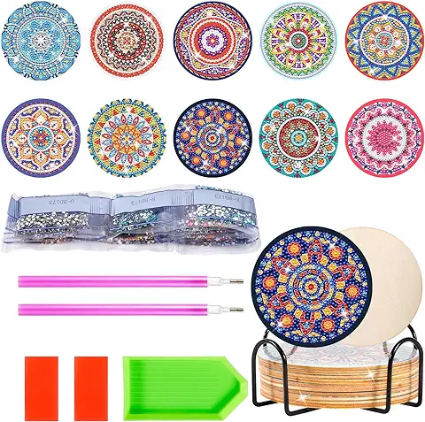 AOUVT Posavasos Pintados con Diamantes, 10 Posavasos de Arte de Diamantes con Soporte, Posavasos con Mandalas de Bricolaje, Manualidades de Bricolaje, Kit de Pintura de Diamantes  