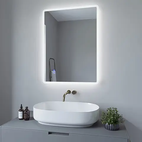 AQUABATOS Espejo de Baño con Iluminación, 80 x 60 cm, Espejo de Pared LED, Interruptor Táctil, Regulable, Blanco Frío 6400 K, Calefacción de Espejo, Antivaho, IP44, CE  