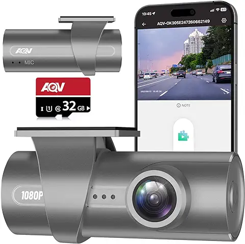 AQV Dashcam para Coche WiFi Cámara de Coche 1080P FHD, con Control App, con Tarjeta SD de 32 GB, Grabación en Bucle, G-Sensor, Gran Angular 170°, WDR, Visión Nocturna, MAX 64GB  