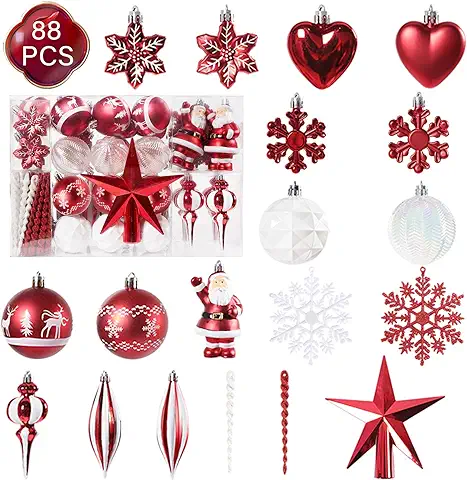 AQXONG Decoraciones de Gadgets Navideños, 88Pcs Bolas Navideñas Rojas y Blancas, Kit de Manualidades para Decorar árboles de Navidad, Adecuado para Bodas, Fiestas de Cumpleaños y Decoración del Hogar  