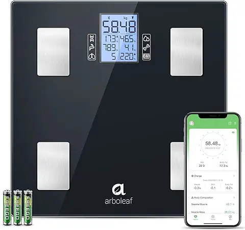 Arboleaf Báscula Grasa Corporal Inteligente Báscula de Baño Digital con App, Balanza de Peso, 14 Monitores de Composición Corporal para Peso Corporal, Grasa Corporal, IMC, BMR, 180KG  