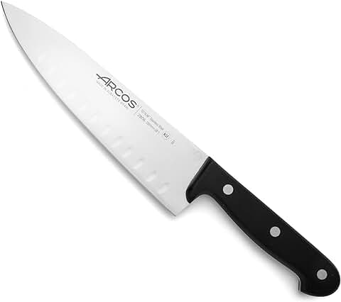 Arcos Cuchillo Chef Granton 8 Pulgadas Acero Inoxidable, Cuchillo Cocina para Cortar y Pelar Alimentos Pequeños, Mango Ergonómico Polioximetileno y Hoja 200 mm, Serie Universal, Color Negro  