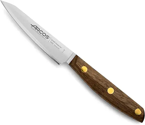 ARCOS Cuchillo Pelador 4 Pulgadas Acero Inoxidable, Cuchillo Cocina Profesional para Pelar Frutas y Verduras, Mango Madera Ovengkol 100% Natural FSC y Hoja 100mm, Serie Nordika, Color Marrón  