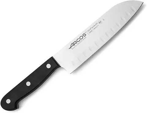 Arcos Cuchillo Santoku de Acero Inoxidable. Cuchillo Afilado Japonés para Pescado. Carne y Verduras. Mango Ergonómico Polioximetileno y Hoja 170 mm. Serie Universal. Color Negro  