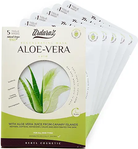 Ardaraz Mascarilla Facial Hidratante Calmante con Aloe Vera Canario. Mascarillas para la cara Efecto Refrescante Enriquecidas con Acido Hialurónico. Protegen de los Daños de sol y Frío. Pack de 5  