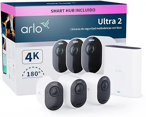 Arlo Ultra 2 Camara Vigilancia WiFi Exterior + Smart Hub, Inalámbrica, 4K UHD, 180° Visión Nocturna Color, Sirena, Detección Movimiento, Audio Bidireccional, Prueba Arlo Secure Incluida , 3 Cámaras