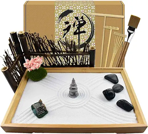 Artcome Jardín de Arena Zen Japonés para Escritorio con Rastrillo, Soporte, Rocas y mini Artículos de Mobiliario – Accesorios de mesa de Oficina, kit de Jardín de Arena Mini Zen – Regalos de  