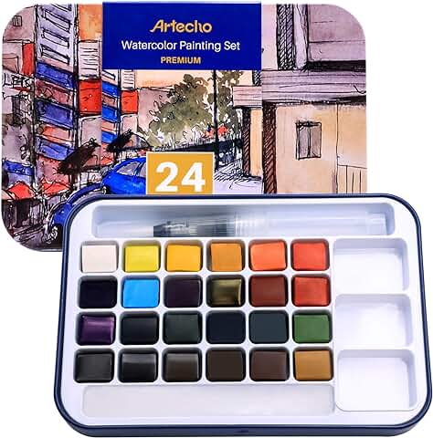 Artecho Acuarelas Profesionales 24 Colores, Incluyendo Pinceles de Agua, Esponja y Diagrama de Color en Blanco, para Principiantes y Profesionales.  