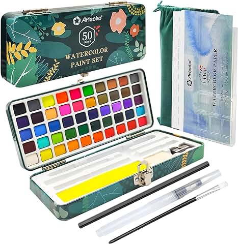 Artecho Set de Acuarela 50 Colores en Caja Portátil Incluyendo 4 Colores Fluorescentes, Set de Acuarela con Herramientas de Dibujo, Ideal para Artistas y Pintores Aficionados  