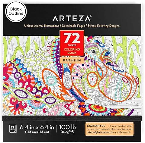 Arteza Libro para Colorear de Animales para Adultos, Contornos Negros, 72 Páginas Relajantes para Colorear para Aliviar el Estrés y la Ansiedad para Adultos y Adolescentes, Fomenta la Meditación,  