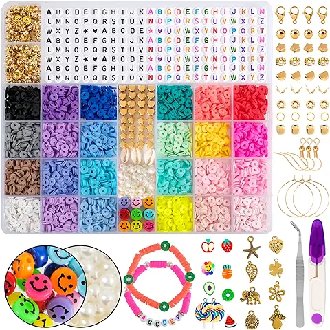 ARTREE 6000+ Cuentas de Colores,6mm 24 Colores Cuentas de Arcilla Polimérica, Kit de Abalorios para Hacer Pulseras con Smiley Letras Cuentas para DIY Collares Manualidad.  