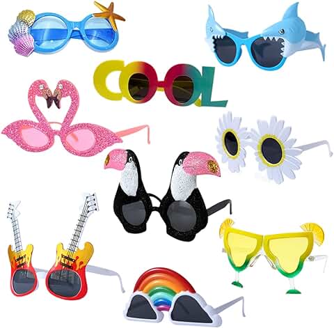 ASNOMY 9 Pares Tropical Gafas de Sol Divertidas, Hawaianas Fiestas Gafas para Tropical Playa Luau Fiesta Accesorios, Piña Flamenco Loro Gafas para Aloha Verano Piscina Tiki Fiesta Disfraces Decoración  