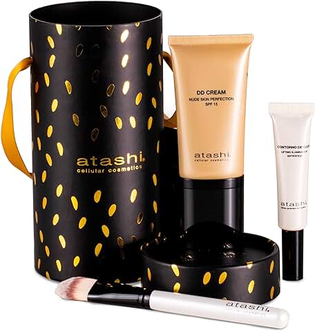 Atashi, Rutina Facial No Make up, Make Up, Cofre de Belleza DD Cream Tono Medio SPF15 + Contorno de Ojos Iluminador + Brocha de Maquillaje de Regalo, 50ml + 15ml  