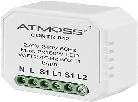 ATMOSS | Interruptor WiFi para 2 Dispositivos | CONTR-042 | 2 x 150W LED | Domótica para el Hogar | Compatible con Alexa y Google Home | Doble Interruptor para Apps Smart Life y Tuya | Regulador LED  