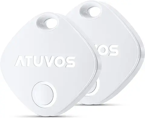 ATUVOS Smart Tracker Tag 2 Pack, Buscador de Objetos Bluetooth Compatible con Buscar Apple (Sólo IOS), Localizador Rastreador para Llaves, Carteras, Equipaje, Batería Reemplazable, Impermeable, Blanco  