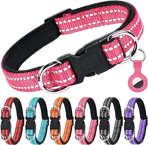 AUAUY Collar Perro, Collar Nylon Reflectante, Collar Perro Ajustable, Collar Neopreno Forrado, Anillo Doble D y Hebilla de Liberación Rápida, para Perros Pequeños, Medianos y Grandes (Rosa Roja-S)  