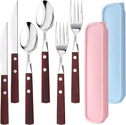 AUHOTA 6 Piezas Utensilios Portátiles con 2 Cajas, Prima Acero Inoxidable Juegos de Cubiertos, Reutilizable y Ecológico Cuchillo Tenedor Cuchara para Camping Llevar Picnic Oficina (Estilo B)  