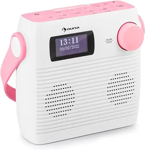 Auna Splash Radio Ducha Impermeable, Radio Dab, BT Dab+/UKW IPX4, Radio Garden Dab+ con Puerto USB Toma de Auriculares Batería USB-C, Radio para Ducha Digital, Blanco/Rosa  