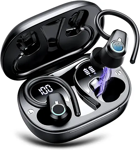 Auriculares Inalambricos Deportivos, 50H Auriculares Bluetooth 5.3 HiFi Estéreo con Cancelacion Ruido HD Microfono, Dual LED Pantalla, IP7 Impermeable Cascos Inalambricos para Running Sport, Negro  