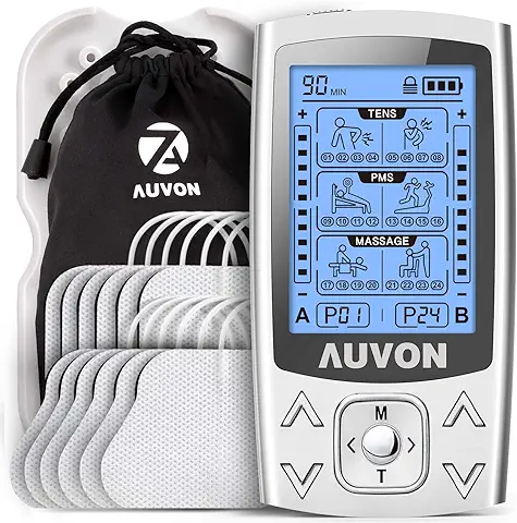 AUVON 3-en-1 Electroestimulador Muscular de 24 Modos, con Función TENS, EMS y Masaje, para Aliviar el Dolor Muscular y Fortalecer los Músculos, 2 Canales, 12pcs 2"x2" Electrodos con Diseño Patentado  