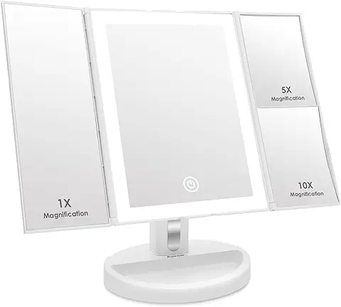 Auxmir Espejo Maquillaje con Luz, 1X/5X/10X Espejo Aumento de Mesa Tríptico, 34 Luces LED con Pantalla Táctil Ajustable, Giratorio 180°, Blanco  