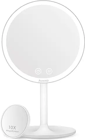 Auxmir Espejo Maquillaje con Luz LED, Espejo Cosmético 1X con Mini Espejo Aumento 10X, Espejo de Mesa Luz, Espejo de Pie con 3 Luces Ajustables, Plegable Recargable USB, Blanco  