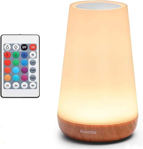 Auxmir Lámpara de Mesita de Noche, Luz Nocturna Recargable con USB, 13 Colores de Luz, Control Remoto y Táctil Inalámbrico, Temporizador, para Dormir, Marrón Claro  