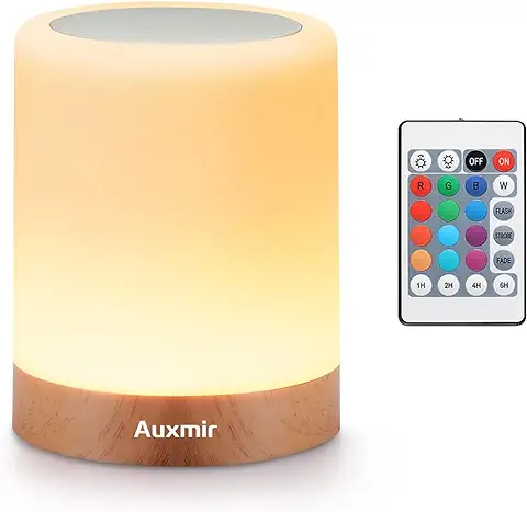 Auxmir Lámpara de Mesita de Noche, Luz Nocturna Recargable, Control Táctil y Remoto, 13 Colores de Luz LED Regulable, Lámpara Ambiente Inalámbrica Temporizador Colgar para Dormir, Marrón Claro  