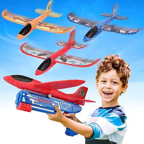 Avión de Juguete, 3 Piezas Aviones de Poliespan con Pistola de Tiro, Avion Corcho Planeador Espuma, Juegos al Aire Libre Jardin Educativos Regalo Cumpleaños Navidad para Niños 3 a 10 Años  