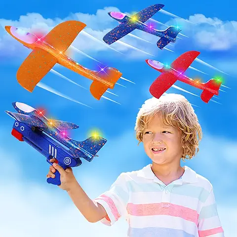 Aviones de Juguete de Poliespan, Lanzador de Aviones Paquete de 3 y Pegatinas DIY Avion Gomaespuma, Juguetes para Ninos 3 4 5 6 7 8 9 10+ Años, Regalos de Juegos Interactivos al Aire Libre  